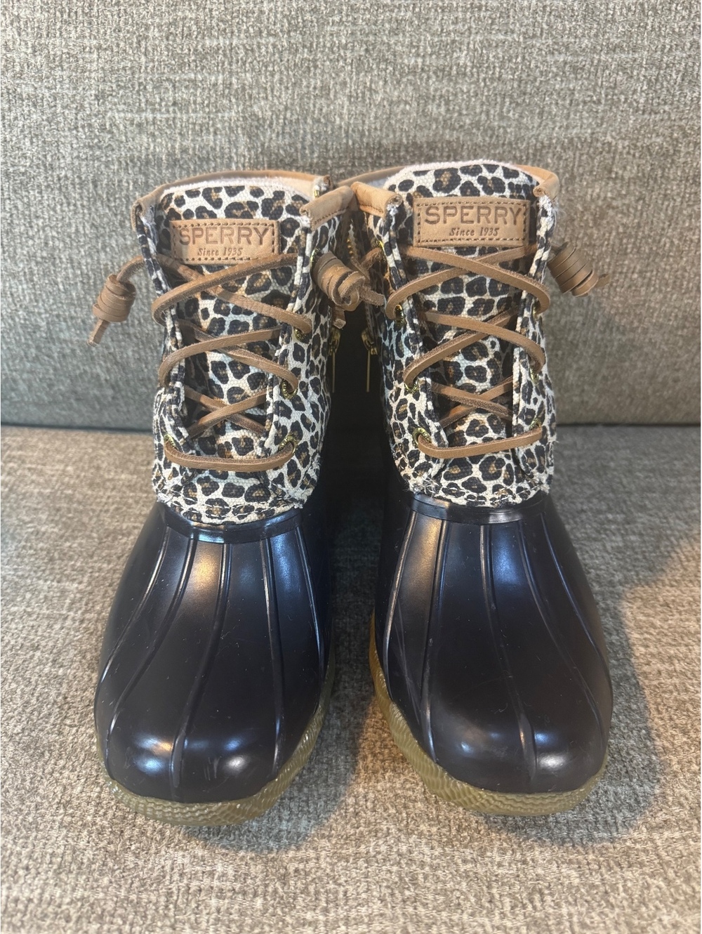 Sperry Saltwater Duck Boots Leopard Animal Print Fleece Lined Black Tan 6.5